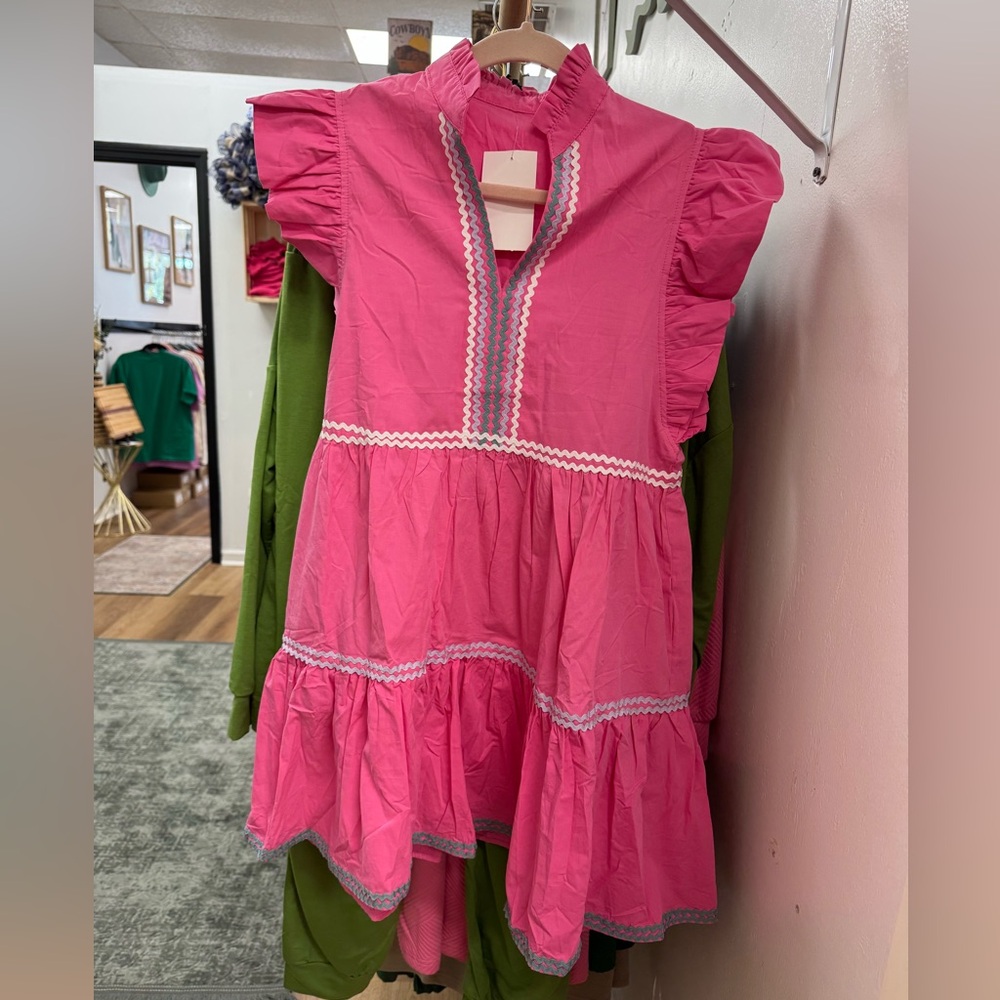 Pink Ruffled Dress with White, Lavendar and Teal Trim